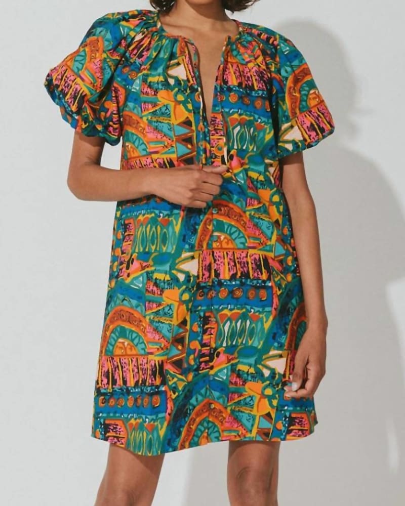 Front of a model wearing a size L Natia Mini Dress In Paradiso in Paradiso by Cleobella. | dia_product_style_image_id:358058